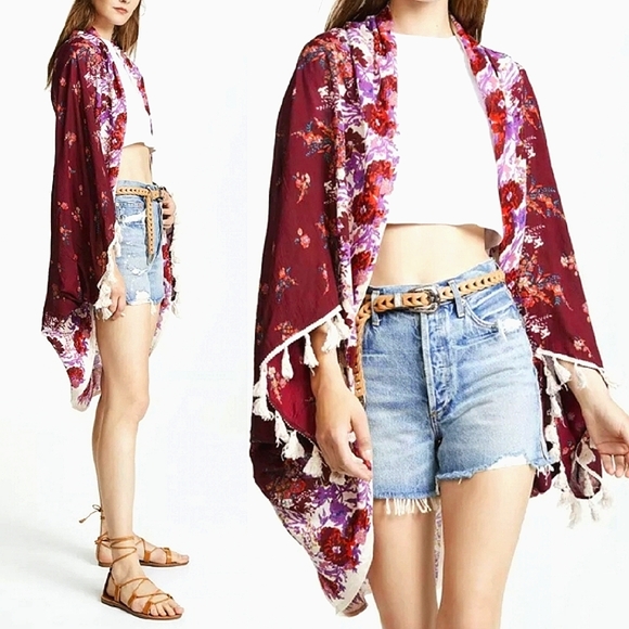 Sale! 🌺 Free People Floral Red, Ruby, Pink Floral Tassel Kimono, One Size - Picture 1 of 14
